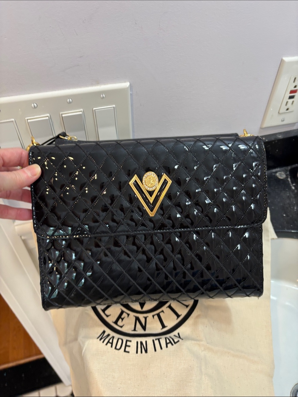 Valentino Orlandi Black Quilted Patent Bag with Gold V Accent